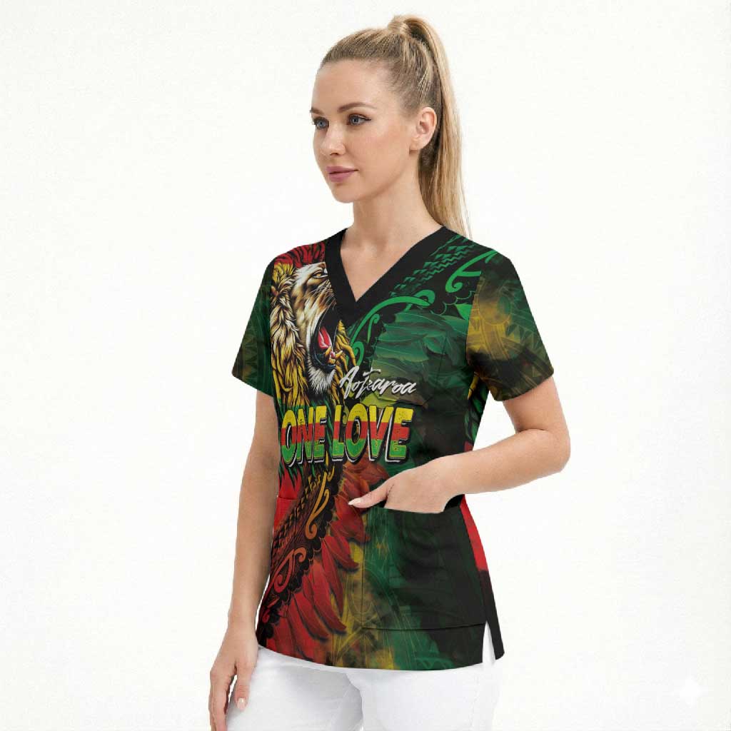 Aotearoa One Love Scrub Top Reggae Lion with Kakahu Huruhuru