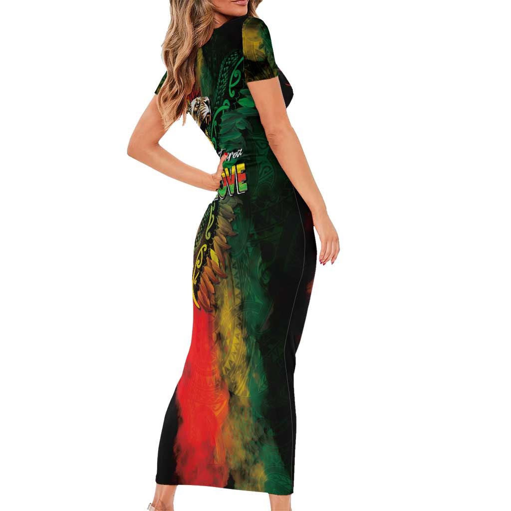Aotearoa One Love Short Sleeve Bodycon Dress Reggae Lion with Kakahu Huruhuru