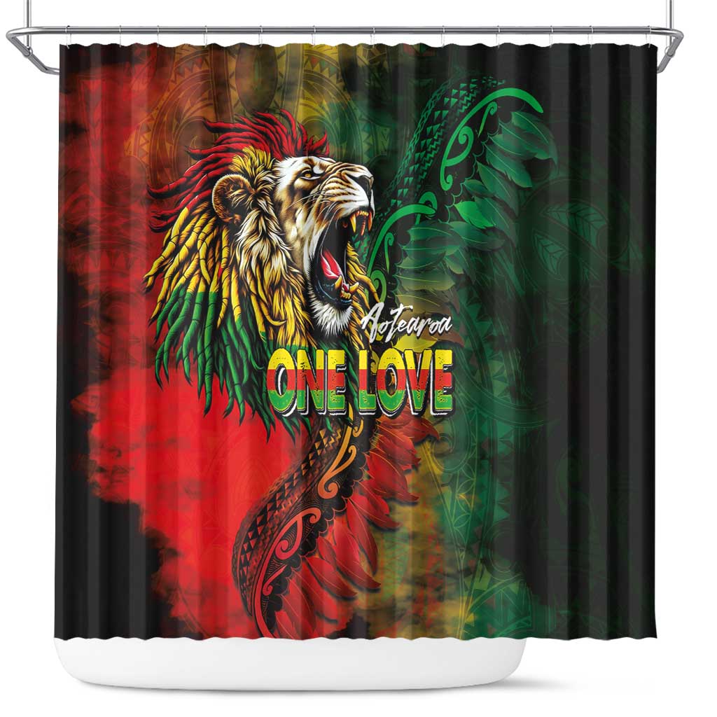 Aotearoa One Love Shower Curtain Reggae Lion with Kakahu Huruhuru