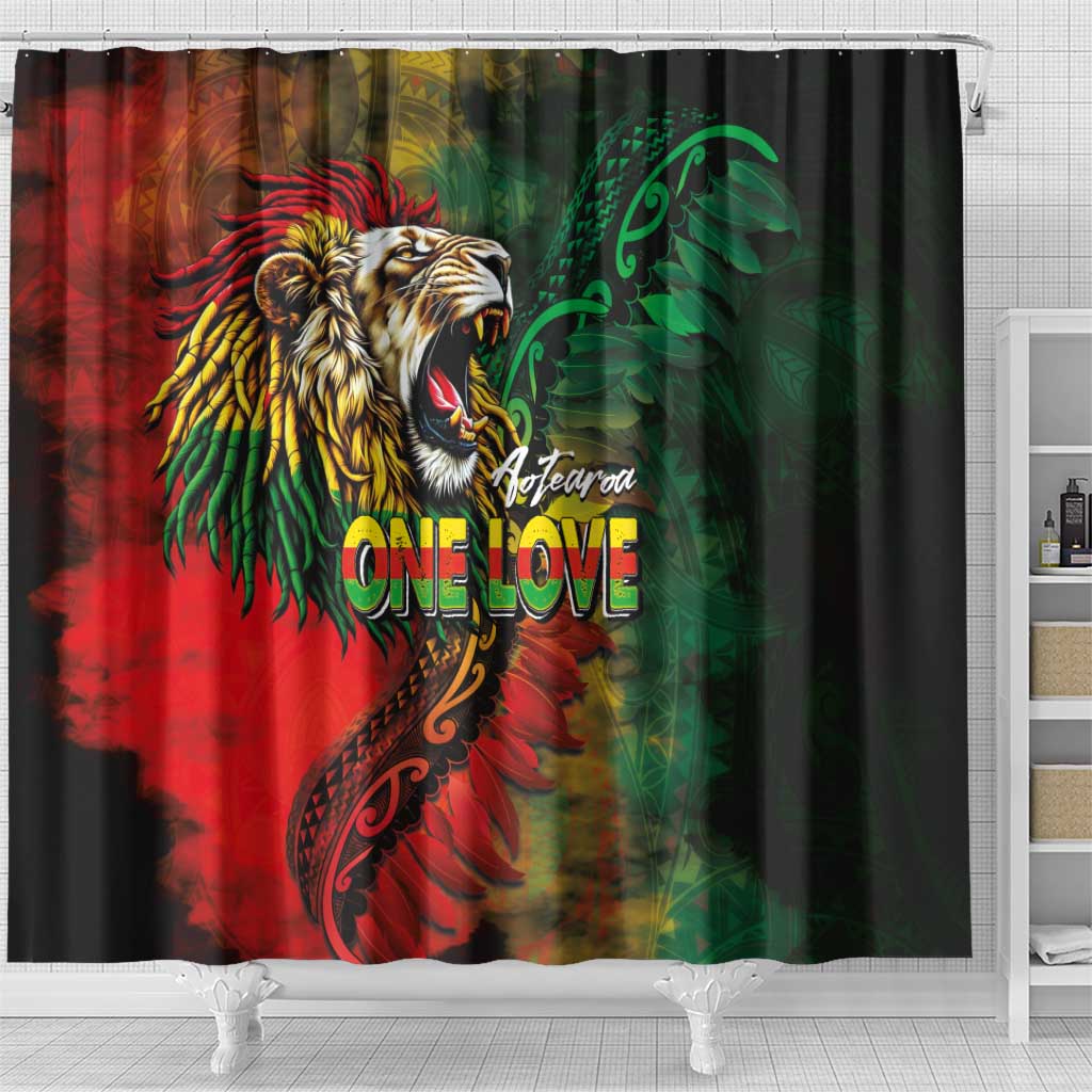 Aotearoa One Love Shower Curtain Reggae Lion with Kakahu Huruhuru
