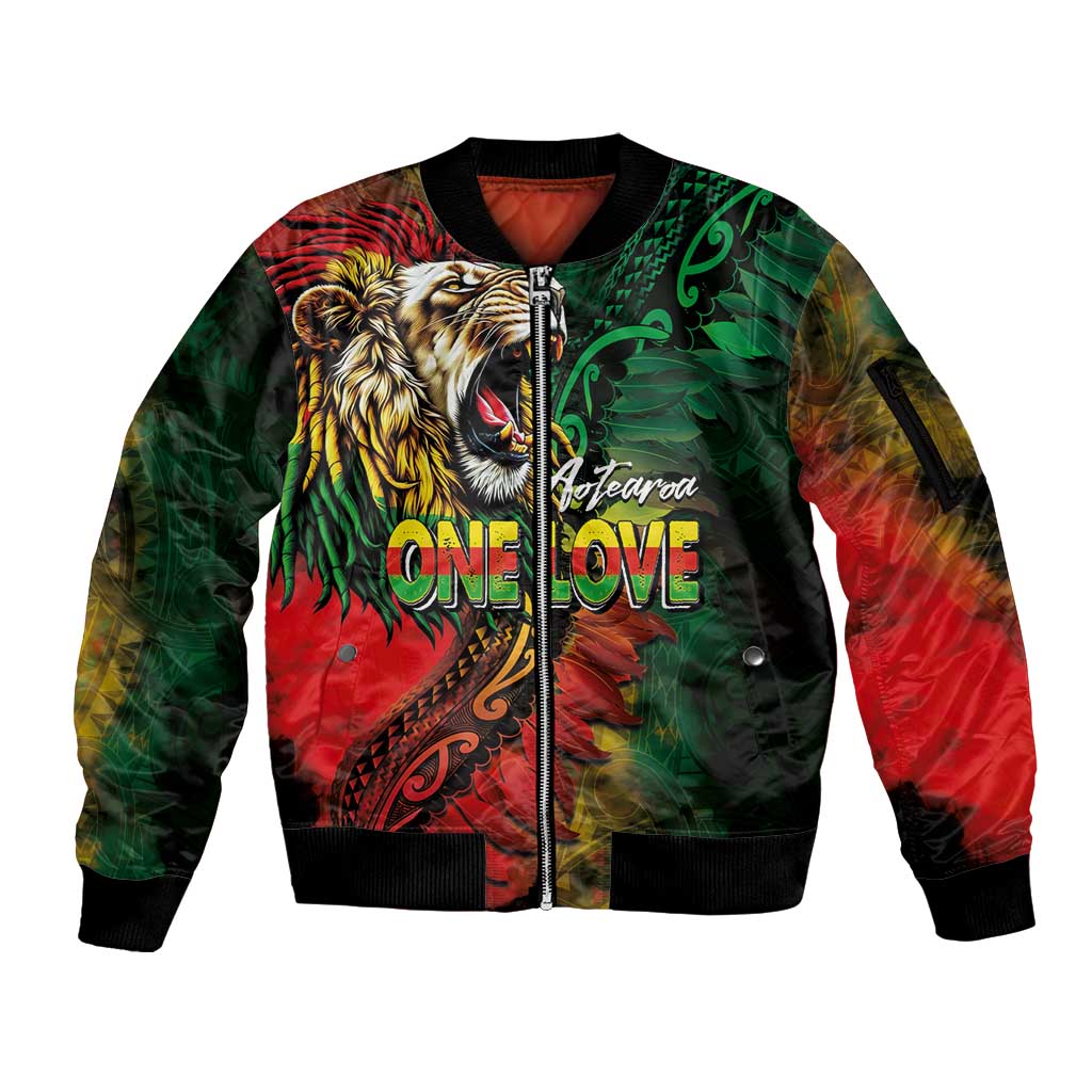 Aotearoa One Love Sleeve Zip Bomber Jacket Reggae Lion with Kakahu Huruhuru