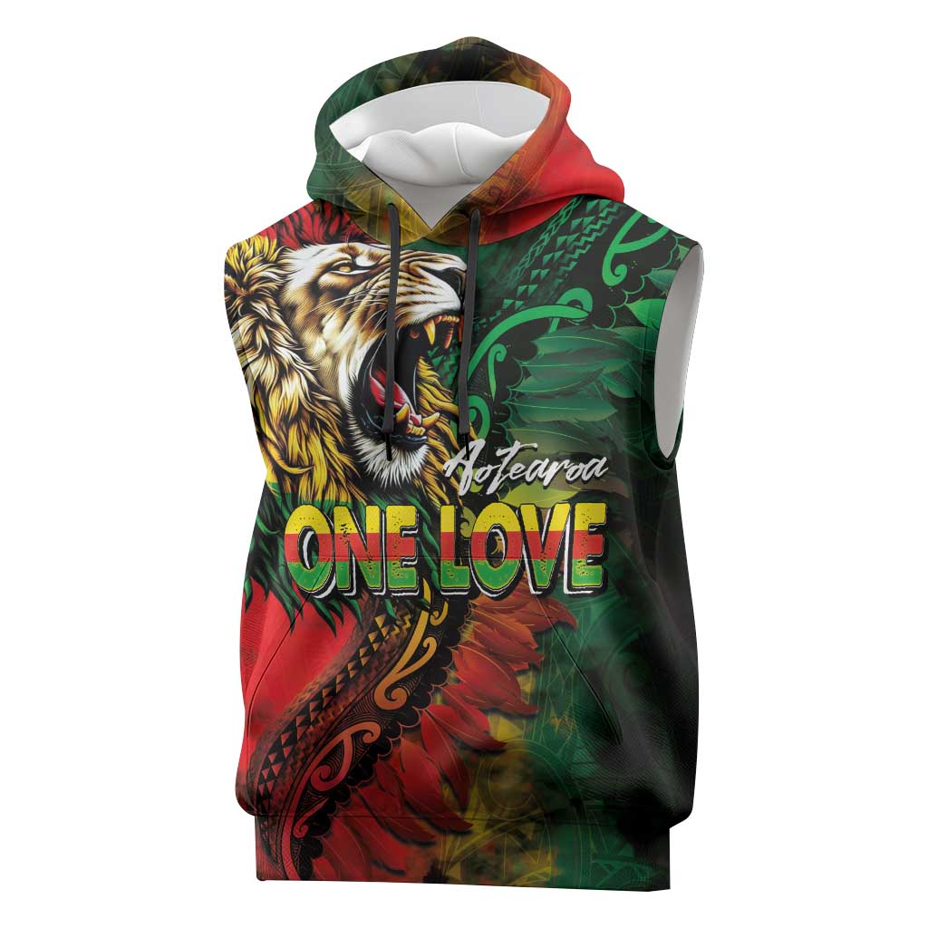 Aotearoa One Love Sleeveless Hoodie Reggae Lion with Kakahu Huruhuru LT03 Black - Polynesian Pride