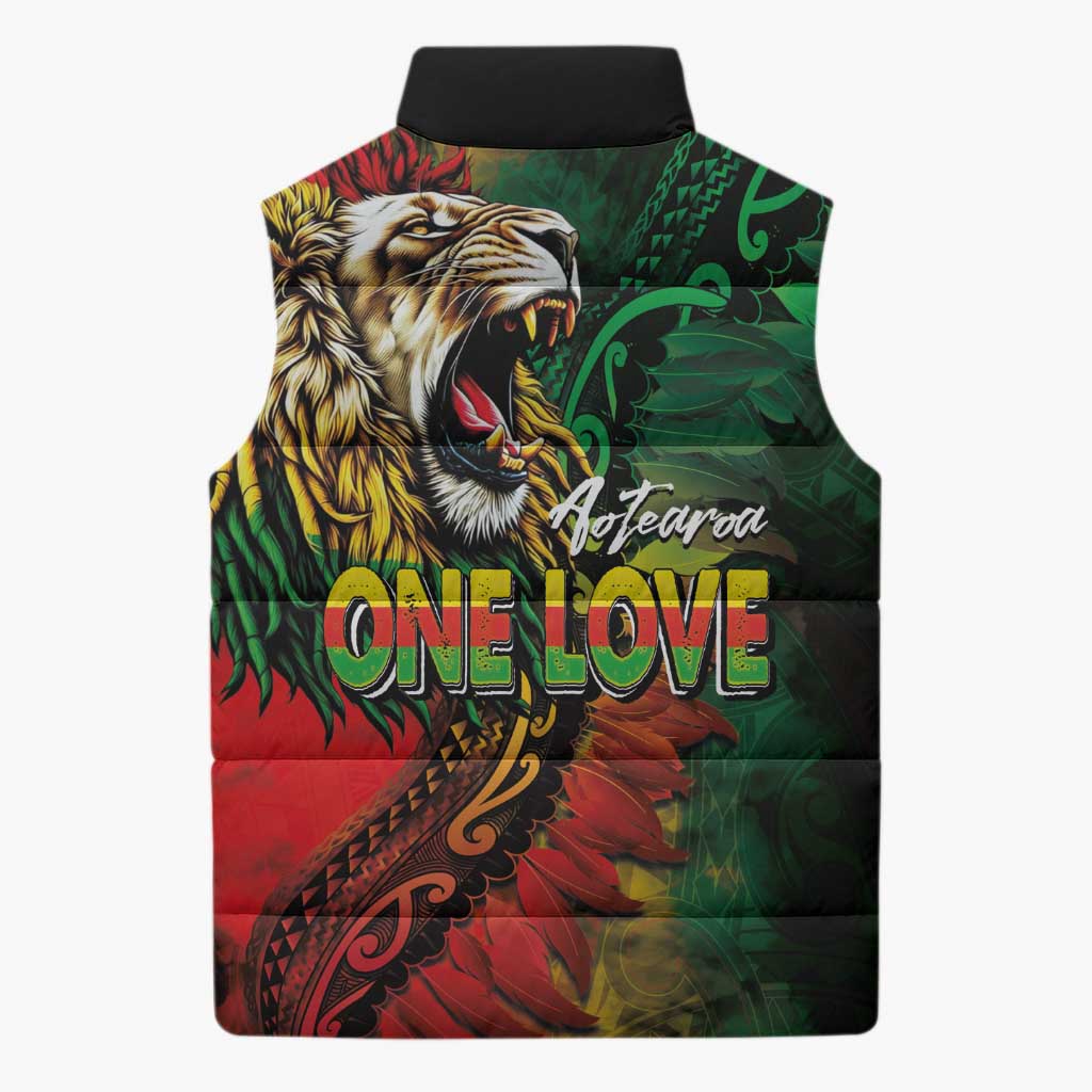 Aotearoa One Love Sleeveless Puffer Jacket Reggae Lion with Kakahu Huruhuru