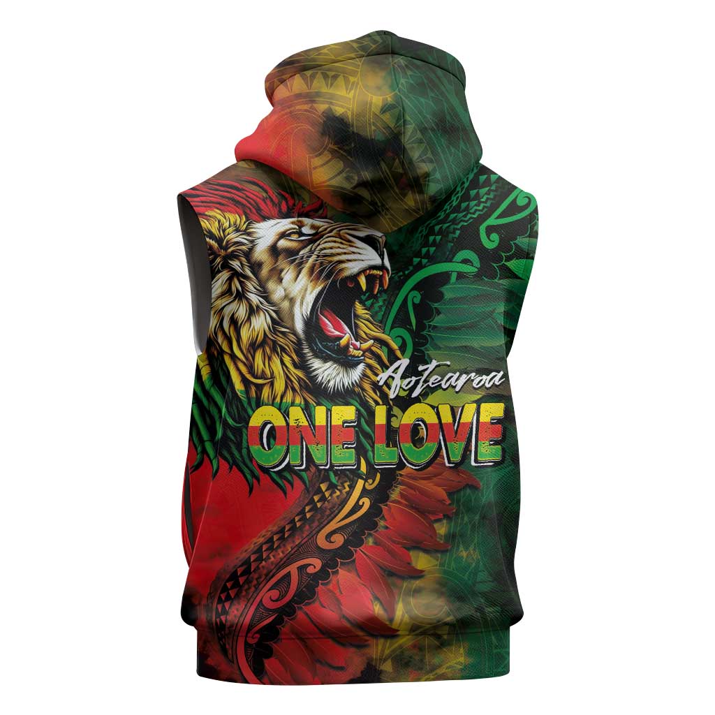 Aotearoa One Love Sleeveless Zip Hoodie Reggae Lion with Kakahu Huruhuru