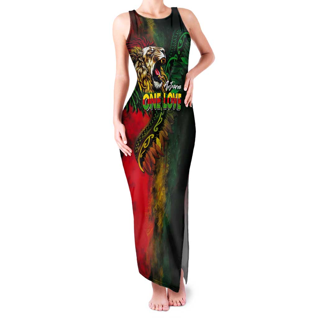 Aotearoa One Love Tank Maxi Dress Reggae Lion with Kakahu Huruhuru LT03 Women Black - Polynesian Pride