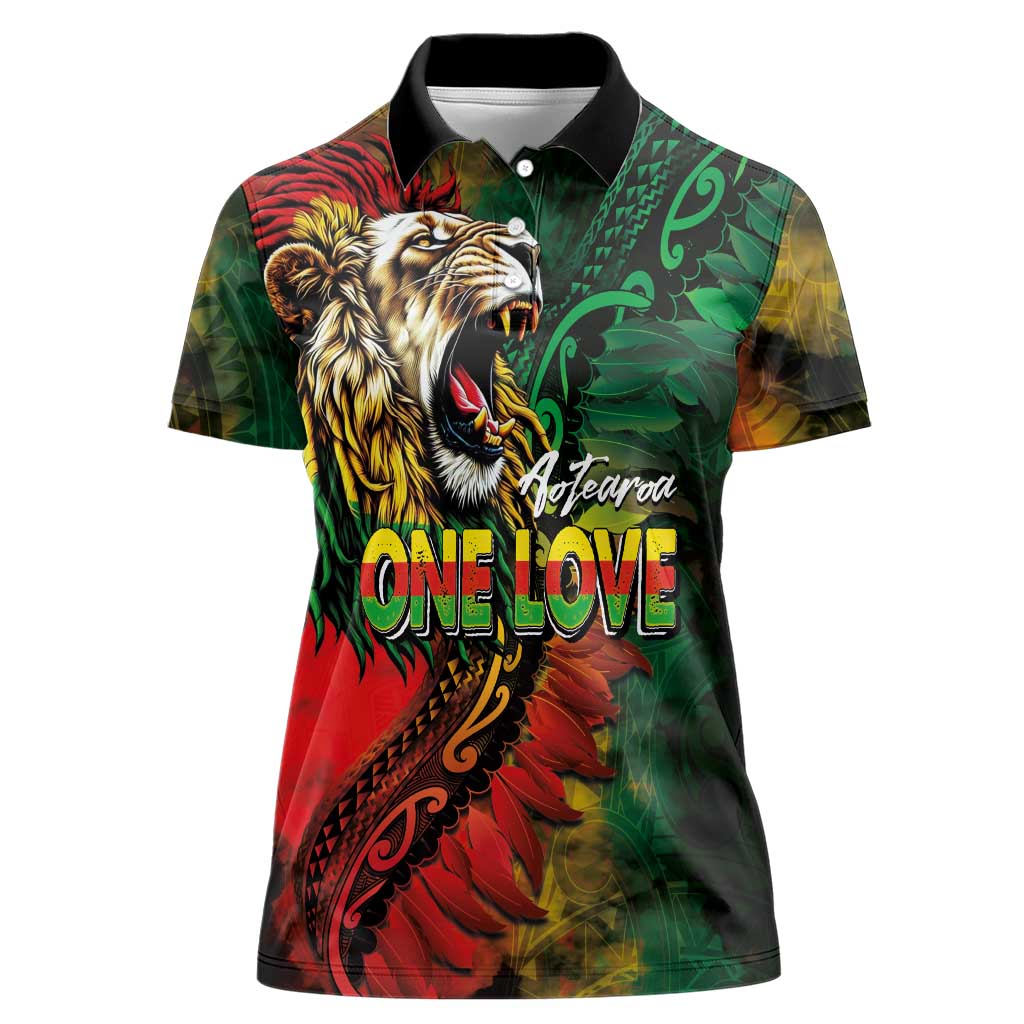 Aotearoa One Love Women Polo Shirt Reggae Lion with Kakahu Huruhuru