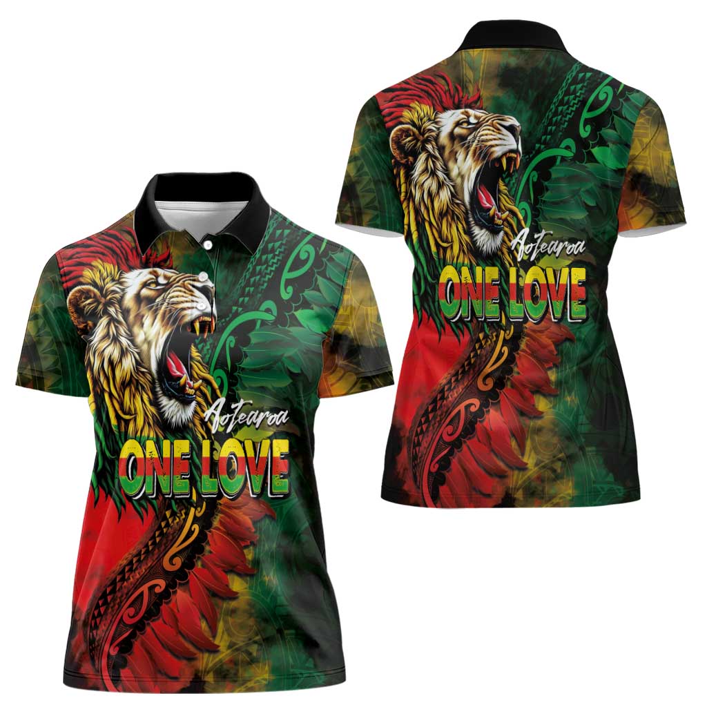 Aotearoa One Love Women Polo Shirt Reggae Lion with Kakahu Huruhuru