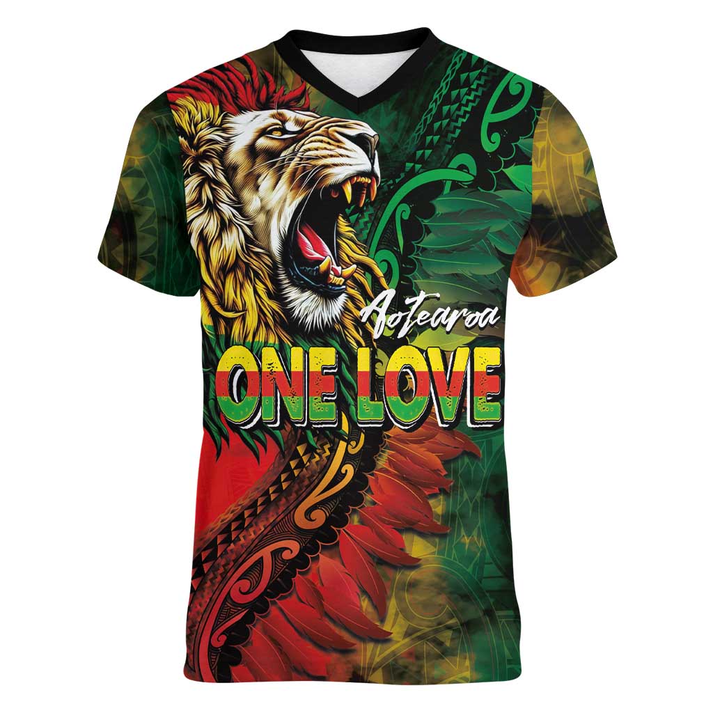 Aotearoa One Love Women V-Neck T-Shirt Reggae Lion with Kakahu Huruhuru LT03 Female Black - Polynesian Pride