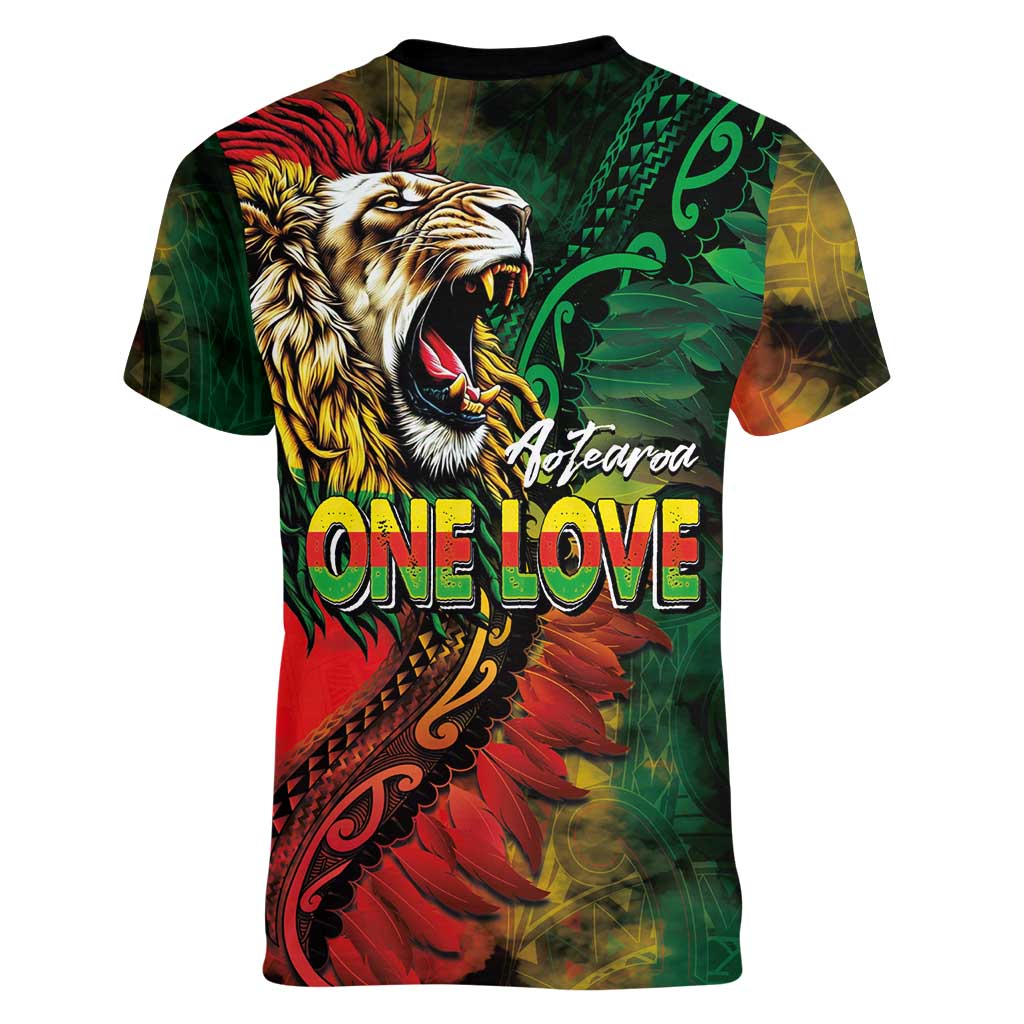 Aotearoa One Love Women V-Neck T-Shirt Reggae Lion with Kakahu Huruhuru LT03 - Polynesian Pride
