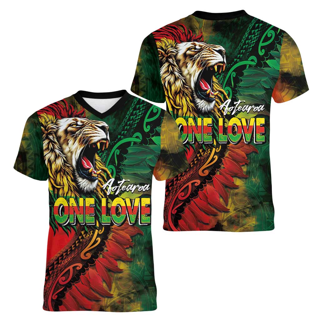 Aotearoa One Love Women V-Neck T-Shirt Reggae Lion with Kakahu Huruhuru LT03 - Polynesian Pride