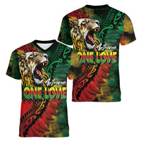Aotearoa One Love Women V-Neck T-Shirt Reggae Lion with Kakahu Huruhuru LT03 - Polynesian Pride