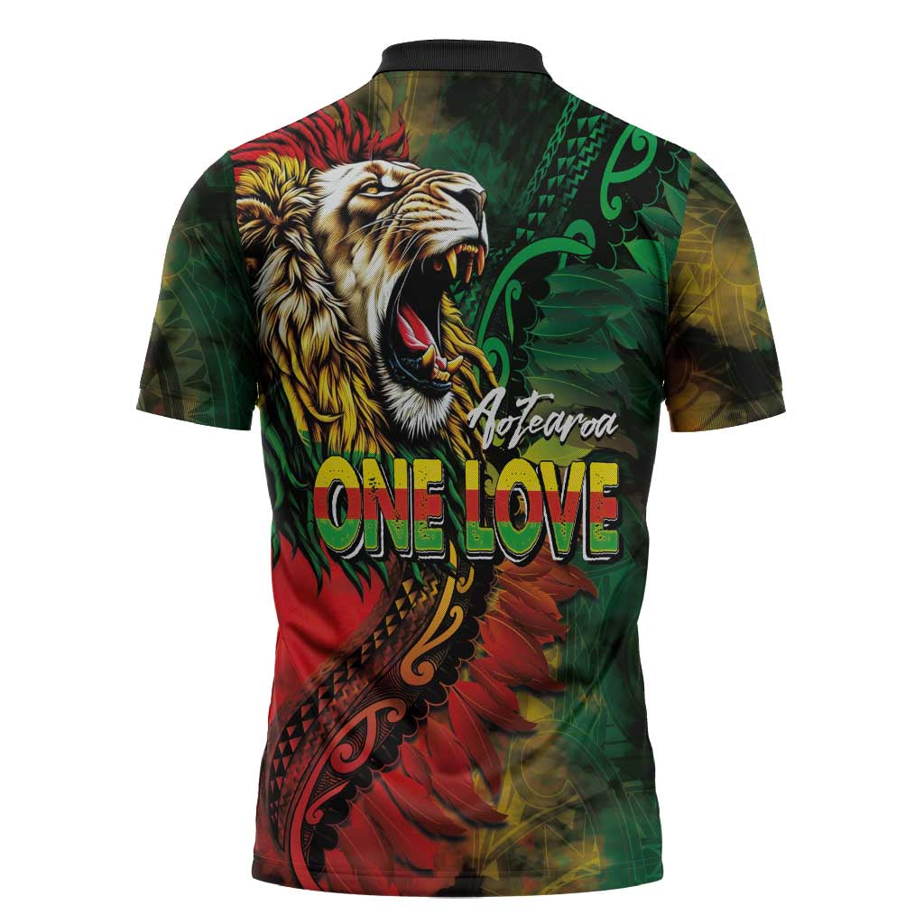 Aotearoa One Love Zipper Polo Shirt Reggae Lion with Kakahu Huruhuru