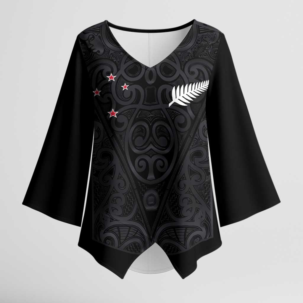Custom Aotearoa Rugby Kimono Sleeve Blouse Fern Blacks-Traditional Maori Motifs Design