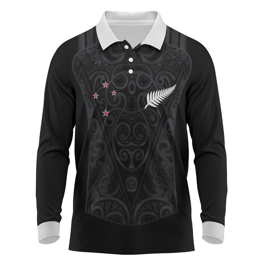Custom Aotearoa Rugby Long Sleeve Polo Shirt Fern Blacks-Traditional Maori Motifs Design LT03 Black - Polynesian Pride