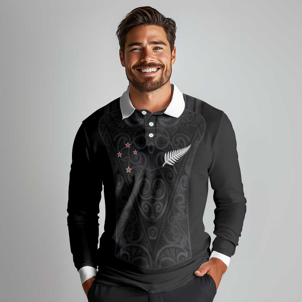Custom Aotearoa Rugby Long Sleeve Polo Shirt Fern Blacks-Traditional Maori Motifs Design LT03 - Polynesian Pride