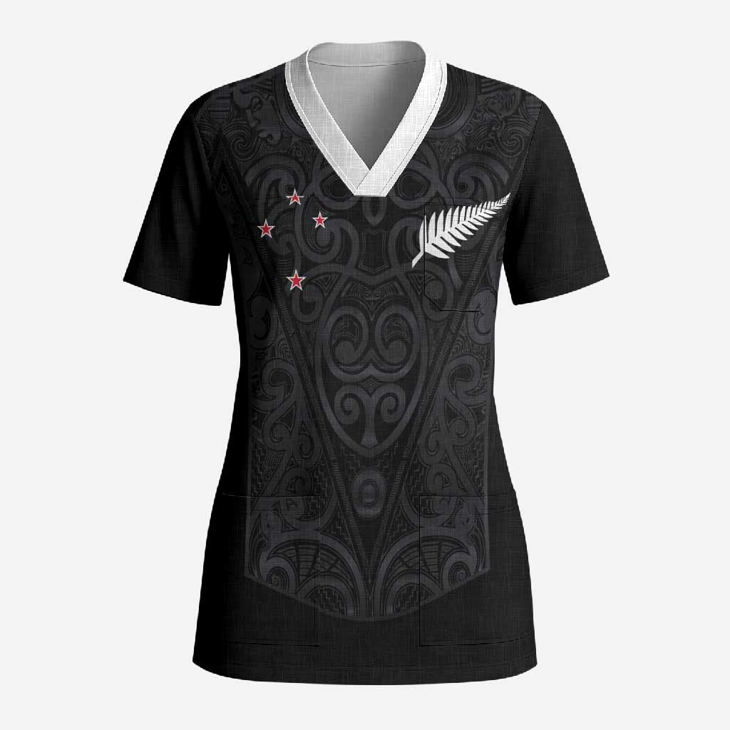 Custom Aotearoa Rugby Scrub Top Fern Blacks-Traditional Maori Motifs Design LT03 Adult Black - Polynesian Pride