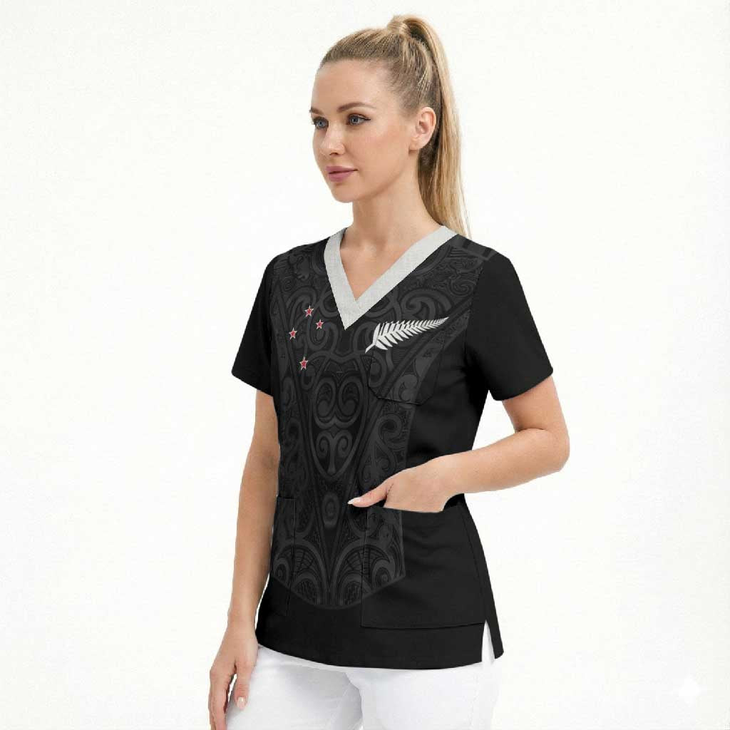 Custom Aotearoa Rugby Scrub Top Fern Blacks-Traditional Maori Motifs Design LT03 - Polynesian Pride