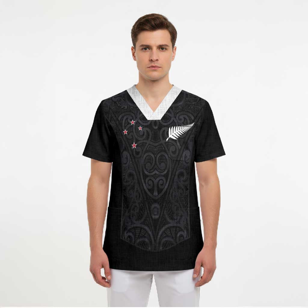 Custom Aotearoa Rugby Scrub Top Fern Blacks-Traditional Maori Motifs Design LT03 - Polynesian Pride
