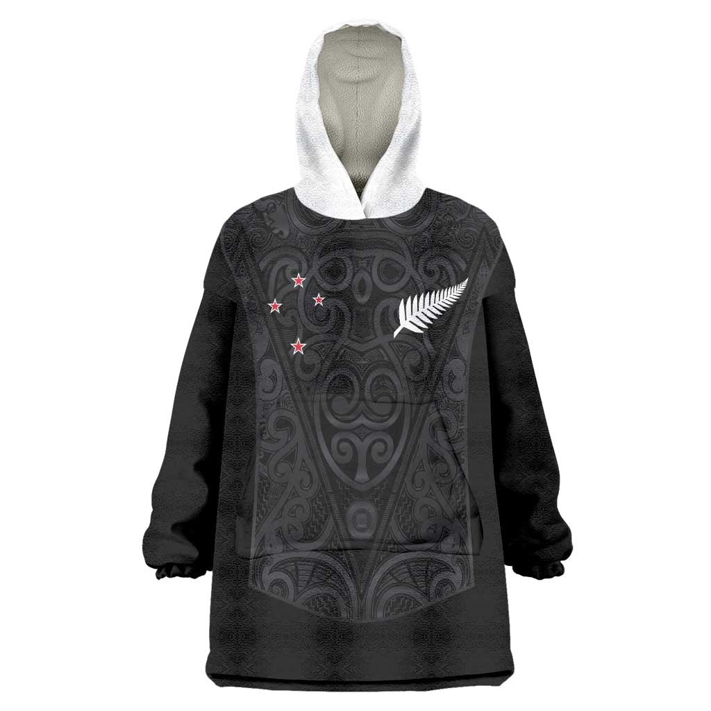 Custom Aotearoa Rugby Wearable Blanket Hoodie Fern Blacks-Traditional Maori Motifs Design LT03 One Size Black - Polynesian Pride