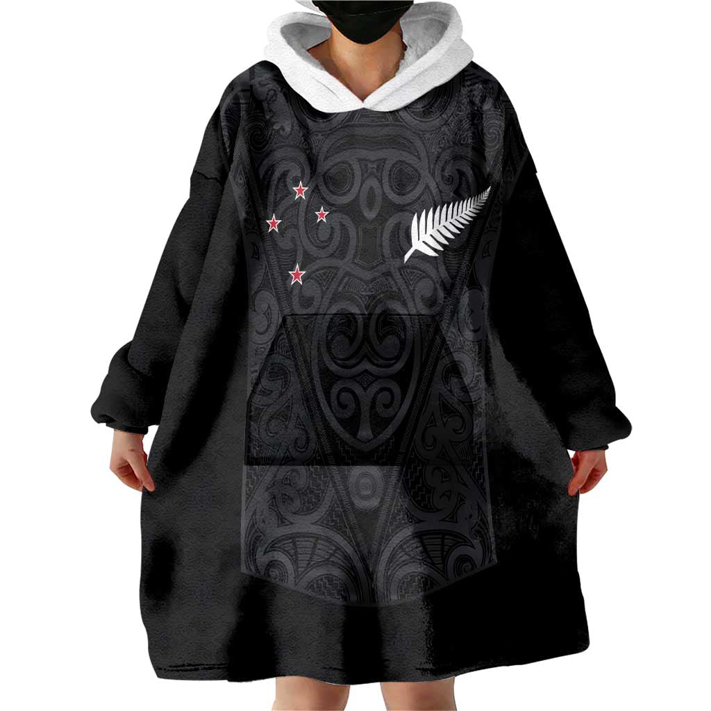 Custom Aotearoa Rugby Wearable Blanket Hoodie Fern Blacks-Traditional Maori Motifs Design LT03 - Polynesian Pride