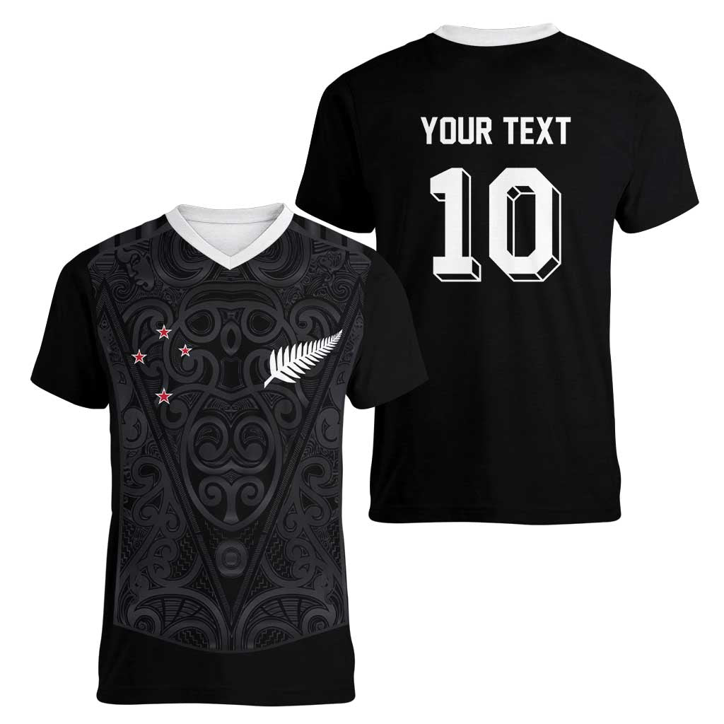 Custom Aotearoa Rugby Women V-Neck T-Shirt Fern Blacks-Traditional Maori Motifs Design LT03 - Polynesian Pride