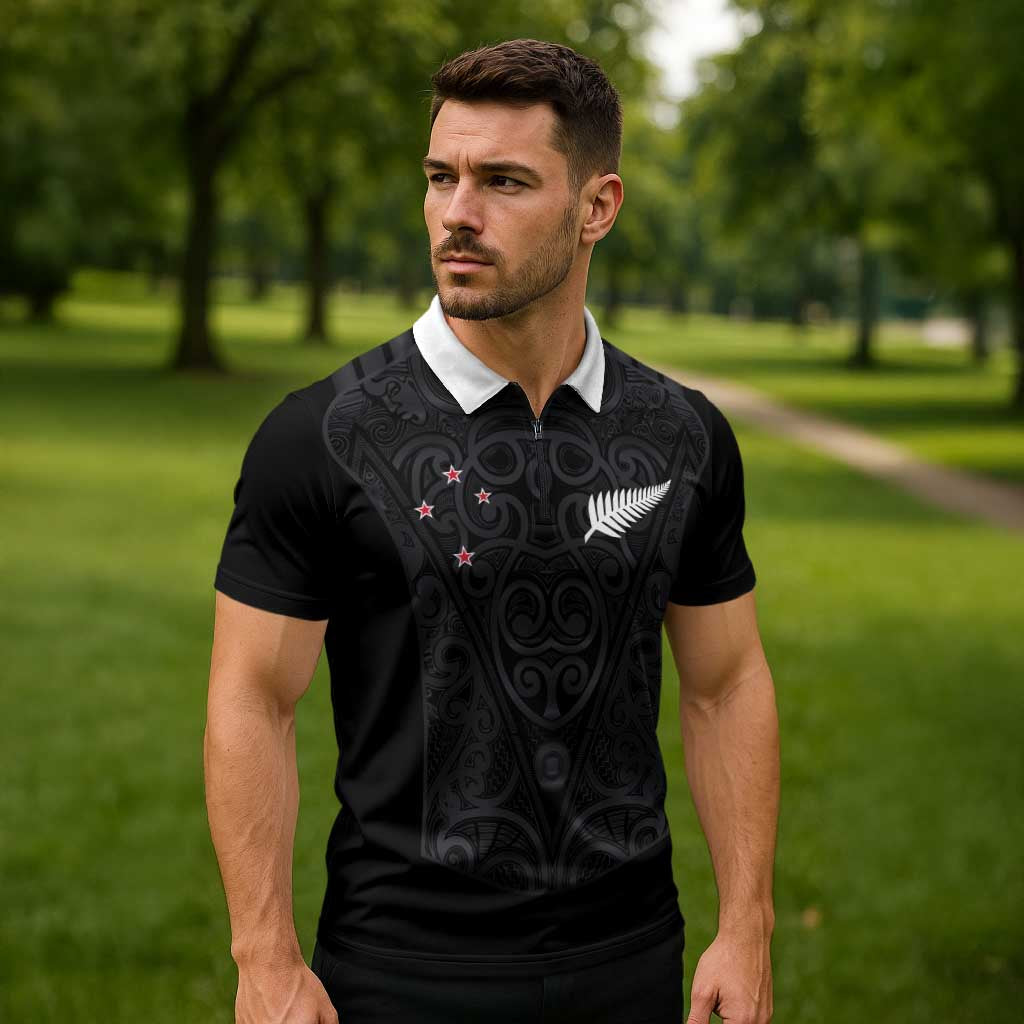 Custom Aotearoa Rugby Zipper Polo Shirt Fern Blacks-Traditional Maori Motifs Design LT03 - Polynesian Pride