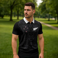 Custom Aotearoa Rugby Zipper Polo Shirt Fern Blacks-Traditional Maori Motifs Design LT03 - Polynesian Pride