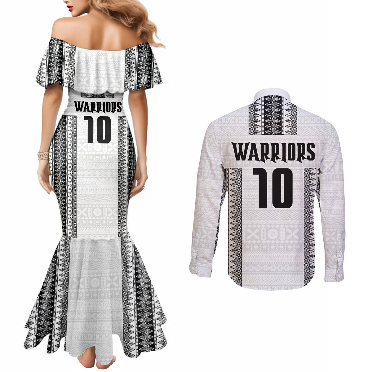 Fiji Rugby Warriors Couples Matching Mermaid Dress and Long Sleeve Button Shirt Masi Tribal Pattern Go Champion 2024 LT03 - Polynesian Pride