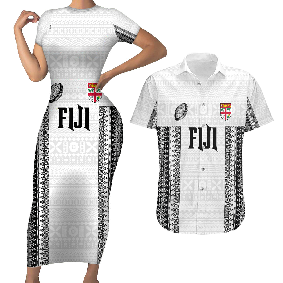 Fiji Rugby Warriors Couples Matching Short Sleeve Bodycon Dress and Hawaiian Shirt Masi Tribal Pattern Go Champion 2024 LT03 White - Polynesian Pride