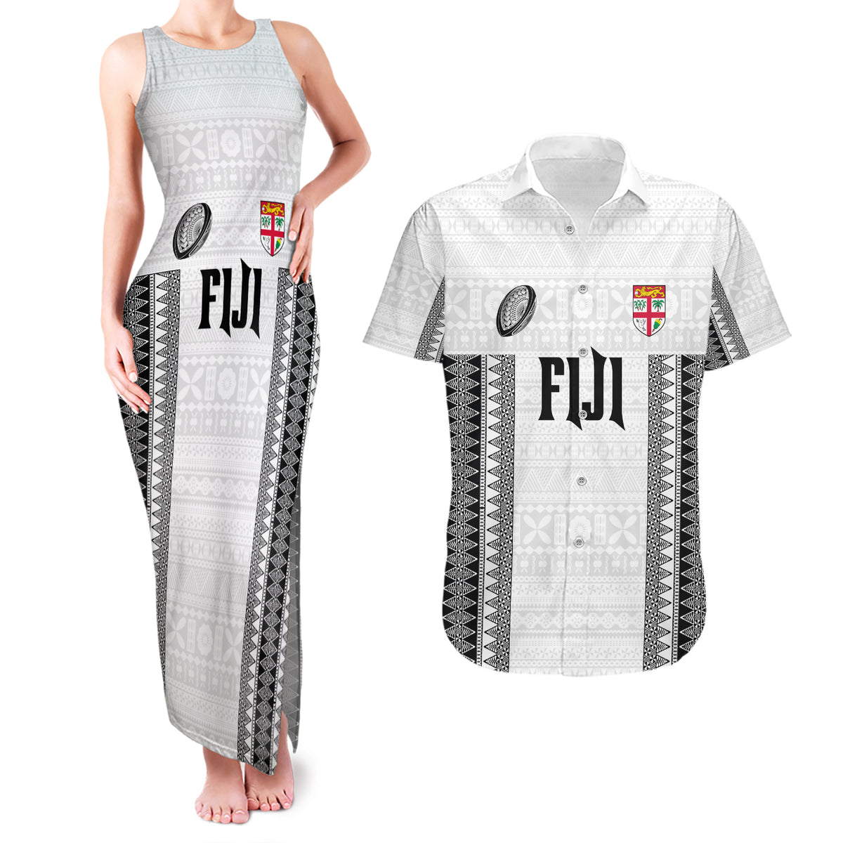 Fiji Rugby Warriors Couples Matching Tank Maxi Dress and Hawaiian Shirt Masi Tribal Pattern Go Champion 2024 LT03 White - Polynesian Pride