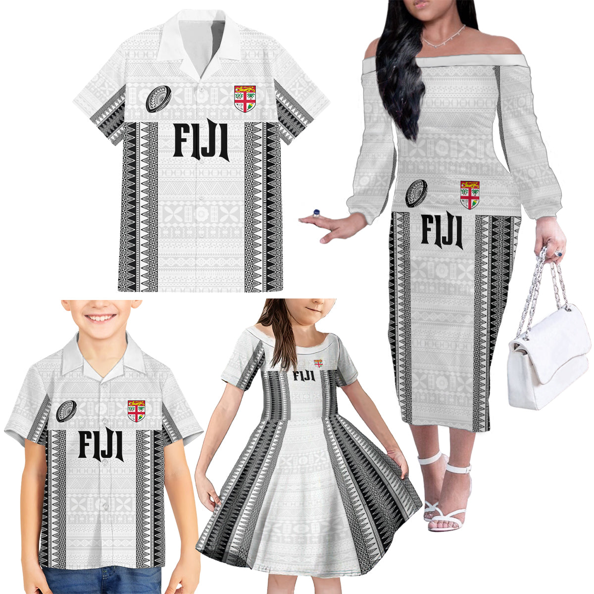 Fiji Rugby Warriors Family Matching Off The Shoulder Long Sleeve Dress and Hawaiian Shirt Masi Tribal Pattern Go Champion 2024 LT03 - Polynesian Pride