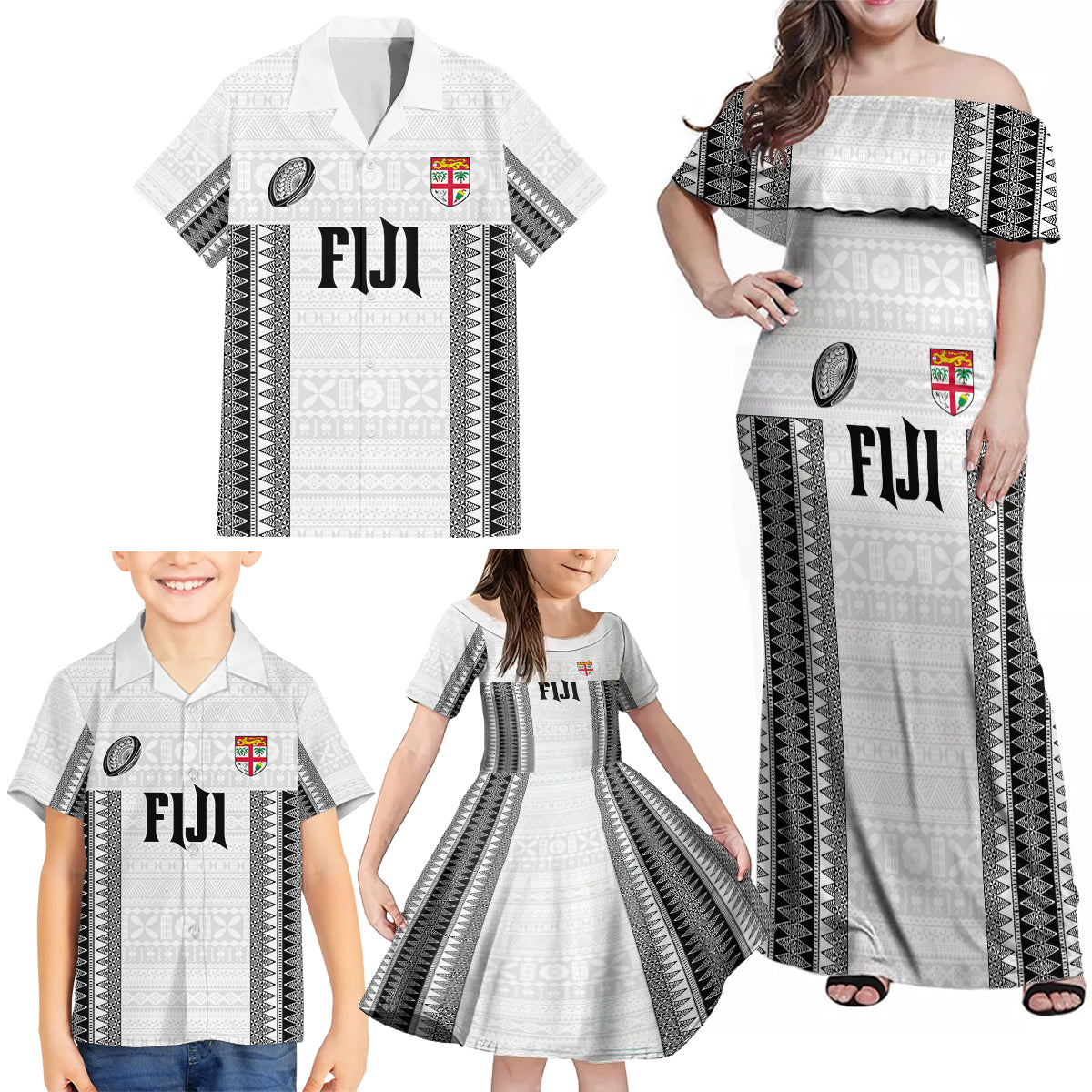 Fiji Rugby Warriors Family Matching Off Shoulder Maxi Dress and Hawaiian Shirt Masi Tribal Pattern Go Champion 2024 LT03 - Polynesian Pride