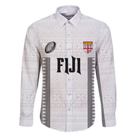 Fiji Rugby Warriors Family Matching Off Shoulder Maxi Dress and Hawaiian Shirt Masi Tribal Pattern Go Champion 2024 LT03 Dad's Shirt - Long Sleeve White - Polynesian Pride