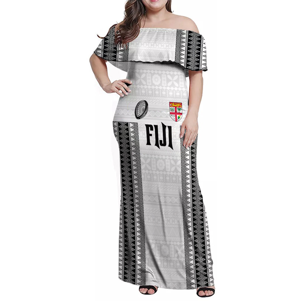 Fiji Rugby Warriors Family Matching Off Shoulder Maxi Dress and Hawaiian Shirt Masi Tribal Pattern Go Champion 2024 LT03 Mom's Dress White - Polynesian Pride