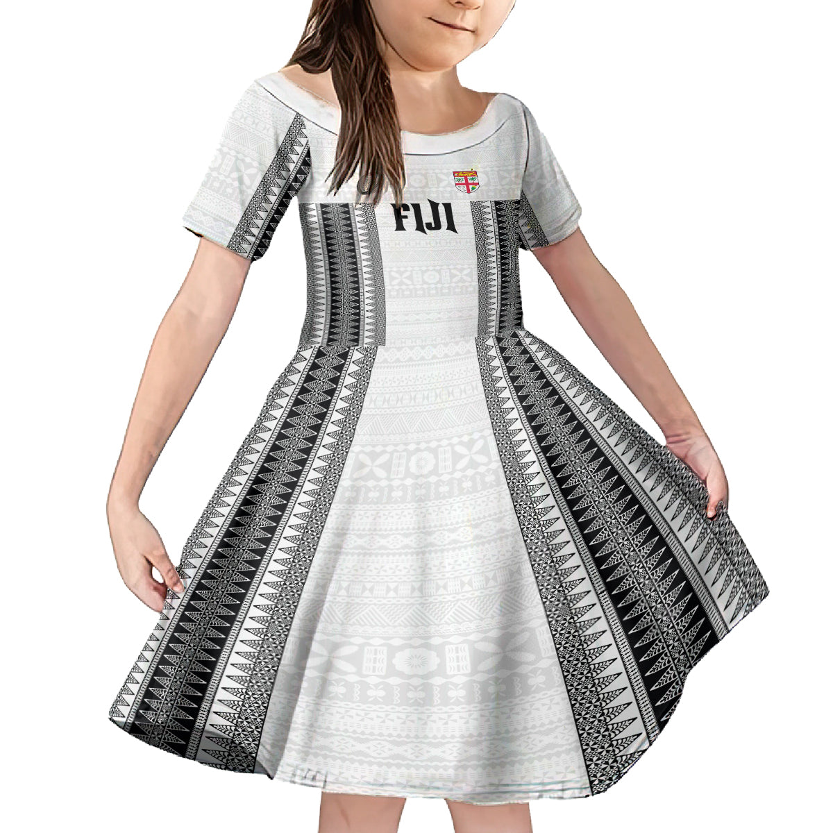 Fiji Rugby Warriors Family Matching Puletasi and Hawaiian Shirt Masi Tribal Pattern Go Champion 2024 LT03 Daughter's Dress White - Polynesian Pride