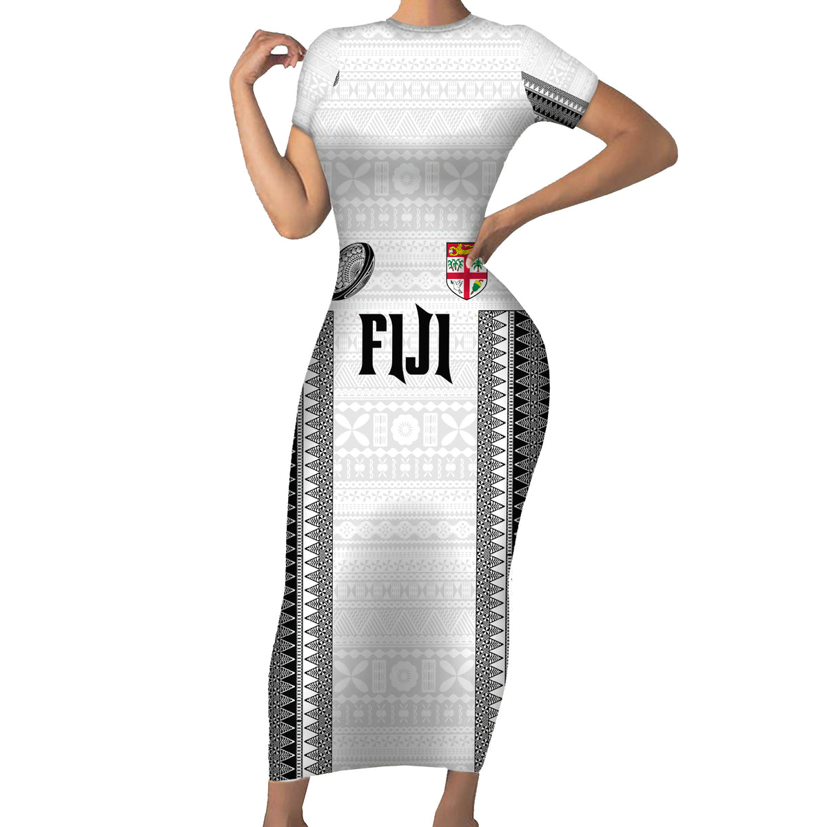 Fiji Rugby Warriors Family Matching Short Sleeve Bodycon Dress and Hawaiian Shirt Masi Tribal Pattern Go Champion 2024 LT03 Mom's Dress White - Polynesian Pride