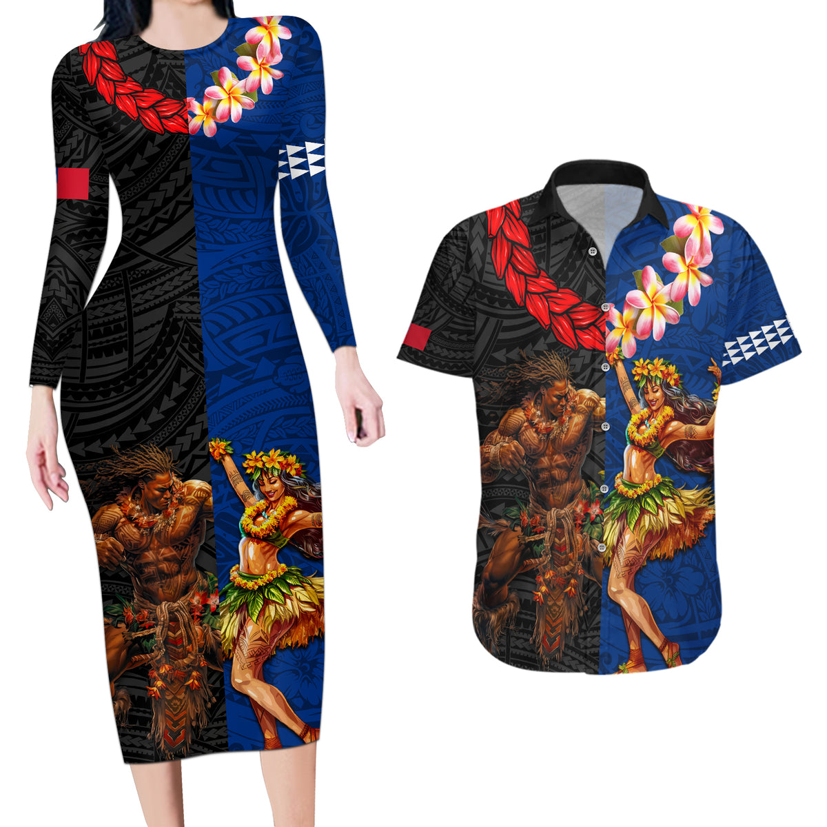 Hawaii and Samoa Together Couples Matching Long Sleeve Bodycon Dress and Hawaiian Shirt Samoan Warrior and Beauty Hula Girl LT03 Black - Polynesian Pride