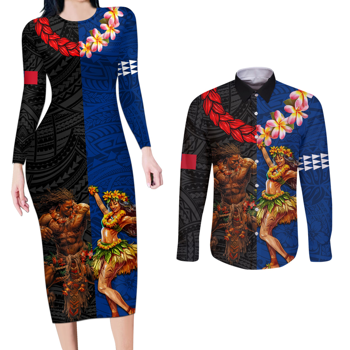 Hawaii and Samoa Together Couples Matching Long Sleeve Bodycon Dress and Long Sleeve Button Shirt Samoan Warrior and Beauty Hula Girl LT03 Black - Polynesian Pride