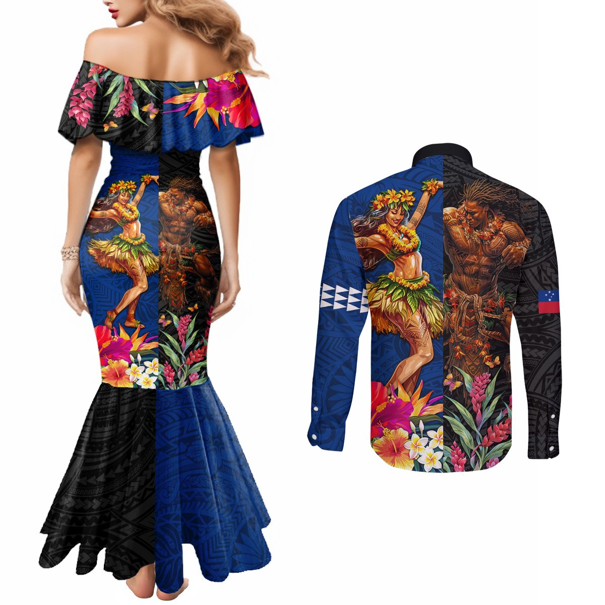 Hawaii and Samoa Together Couples Matching Mermaid Dress and Long Sleeve Button Shirt Samoan Warrior and Beauty Hula Girl LT03 - Polynesian Pride