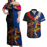 Hawaii and Samoa Together Couples Matching Off Shoulder Maxi Dress and Hawaiian Shirt Samoan Warrior and Beauty Hula Girl LT03 Black - Polynesian Pride