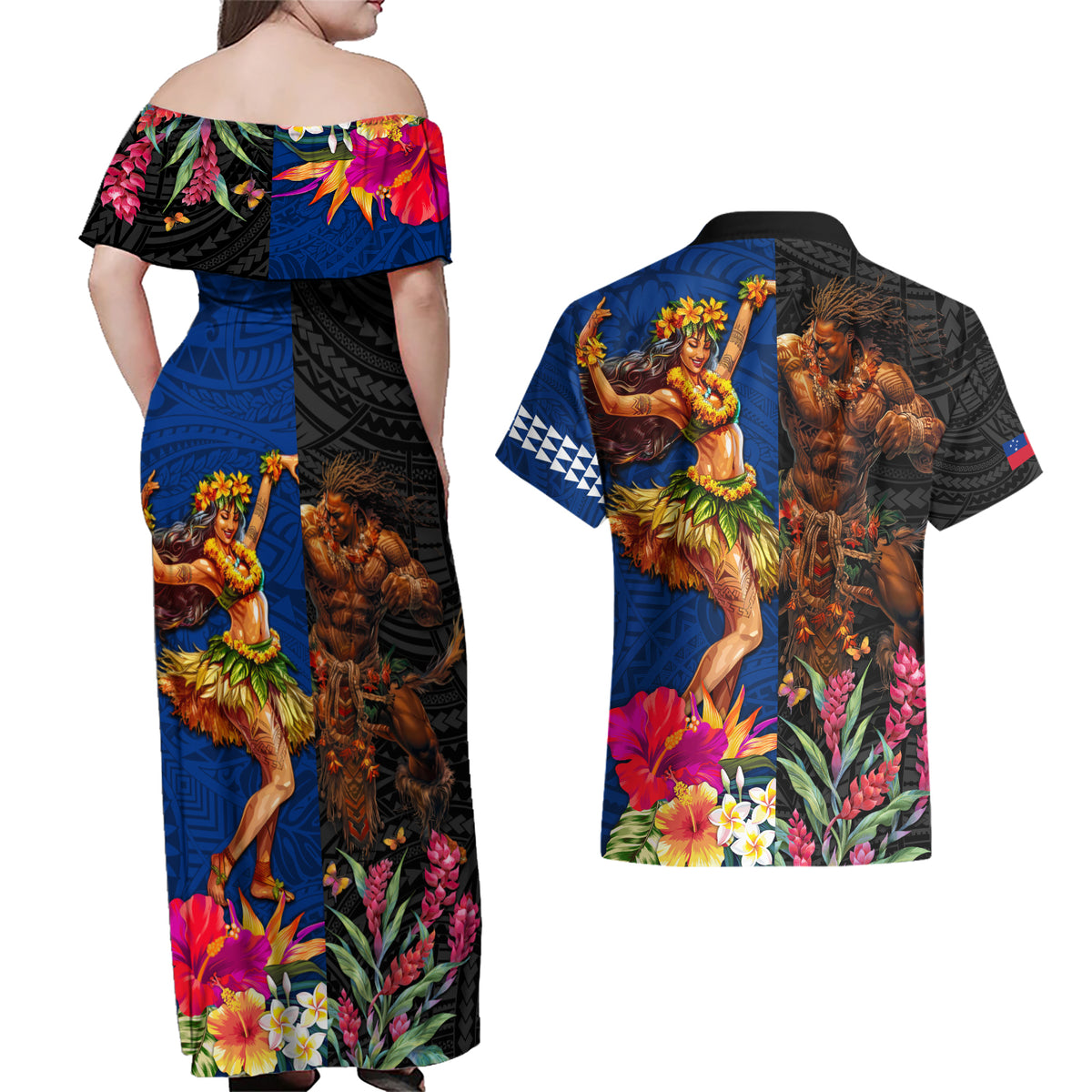 Hawaii and Samoa Together Couples Matching Off Shoulder Maxi Dress and Hawaiian Shirt Samoan Warrior and Beauty Hula Girl LT03 - Polynesian Pride