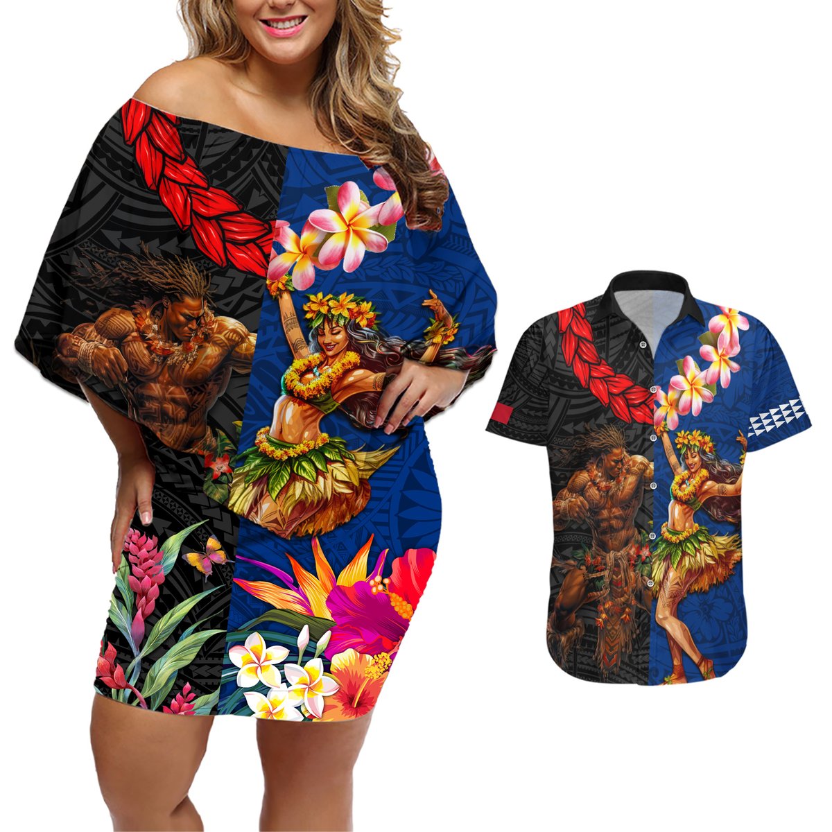 Hawaii and Samoa Together Couples Matching Off Shoulder Short Dress and Hawaiian Shirt Samoan Warrior and Beauty Hula Girl LT03 Black - Polynesian Pride