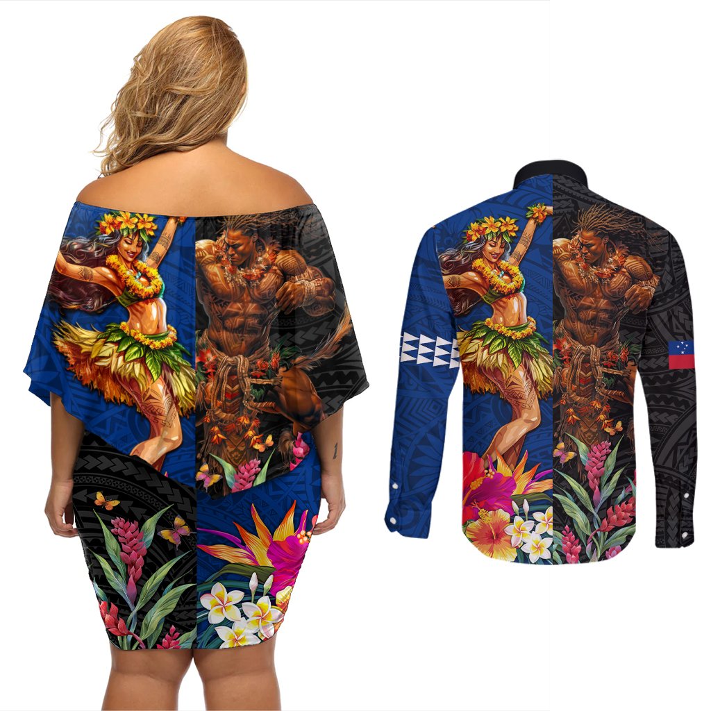 Hawaii and Samoa Together Couples Matching Off Shoulder Short Dress and Long Sleeve Button Shirt Samoan Warrior and Beauty Hula Girl LT03 - Polynesian Pride