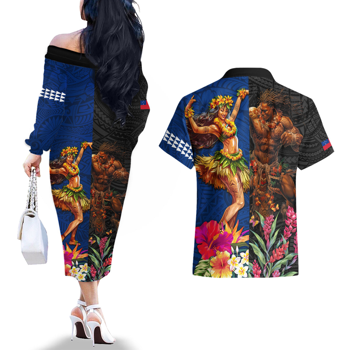 Hawaii and Samoa Together Couples Matching Off The Shoulder Long Sleeve Dress and Hawaiian Shirt Samoan Warrior and Beauty Hula Girl LT03 - Polynesian Pride