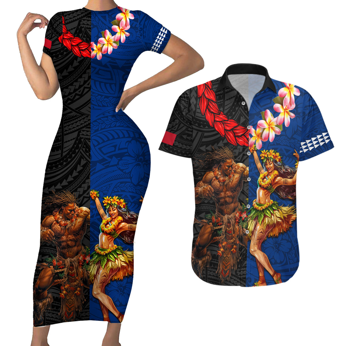 Hawaii and Samoa Together Couples Matching Short Sleeve Bodycon Dress and Hawaiian Shirt Samoan Warrior and Beauty Hula Girl LT03 Black - Polynesian Pride
