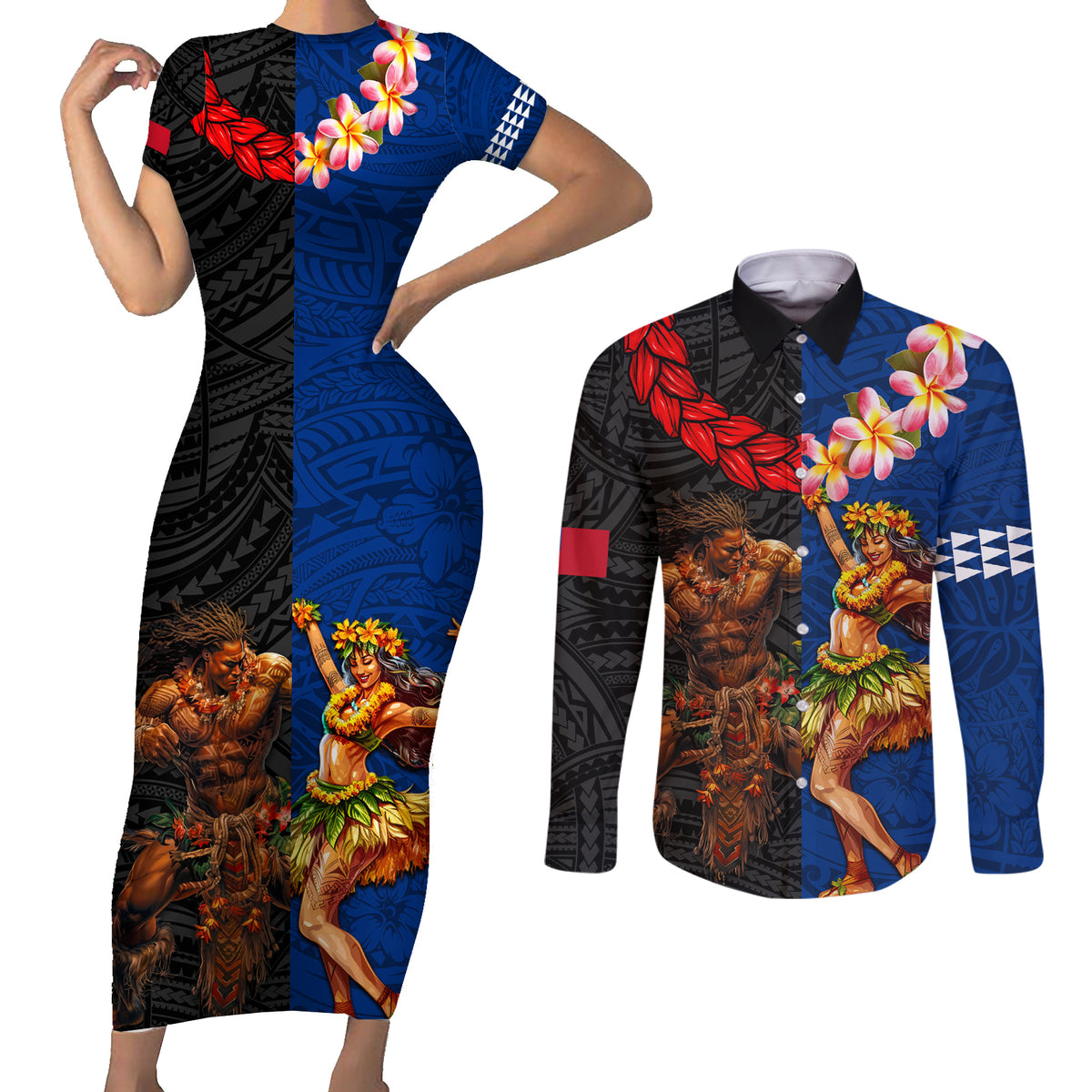 Hawaii and Samoa Together Couples Matching Short Sleeve Bodycon Dress and Long Sleeve Button Shirt Samoan Warrior and Beauty Hula Girl LT03 Black - Polynesian Pride