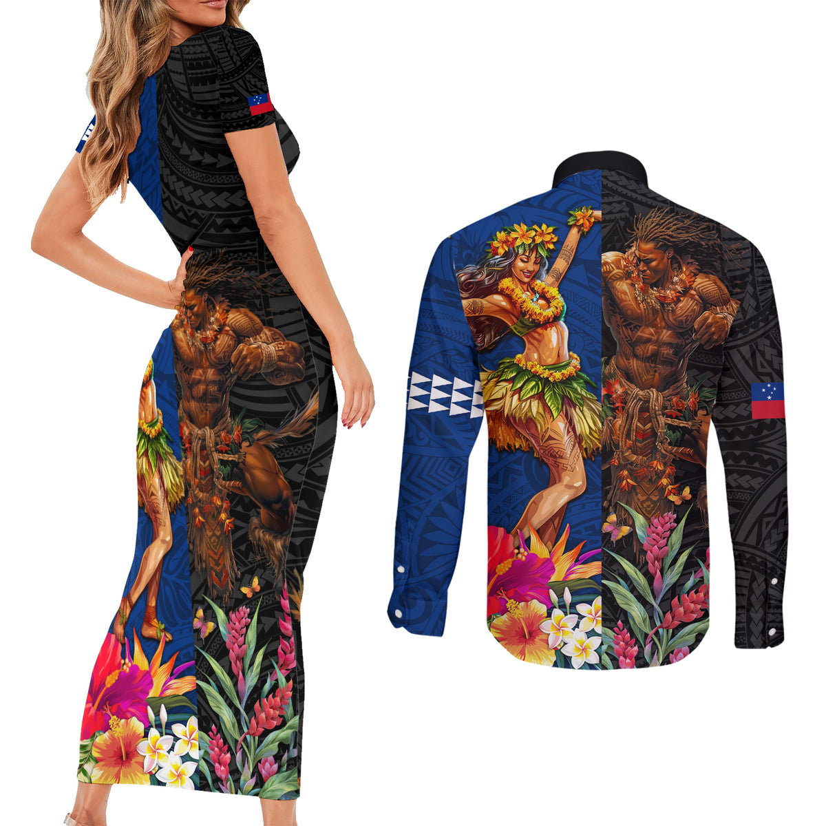 Hawaii and Samoa Together Couples Matching Short Sleeve Bodycon Dress and Long Sleeve Button Shirt Samoan Warrior and Beauty Hula Girl LT03 - Polynesian Pride