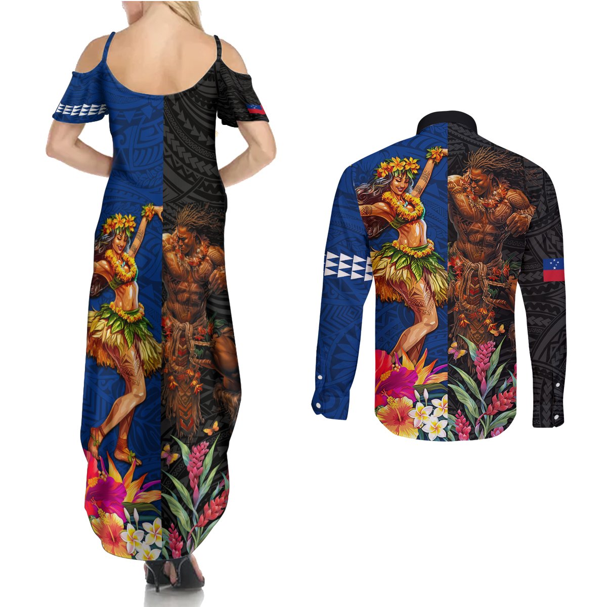 Hawaii and Samoa Together Couples Matching Summer Maxi Dress and Long Sleeve Button Shirt Samoan Warrior and Beauty Hula Girl LT03 - Polynesian Pride