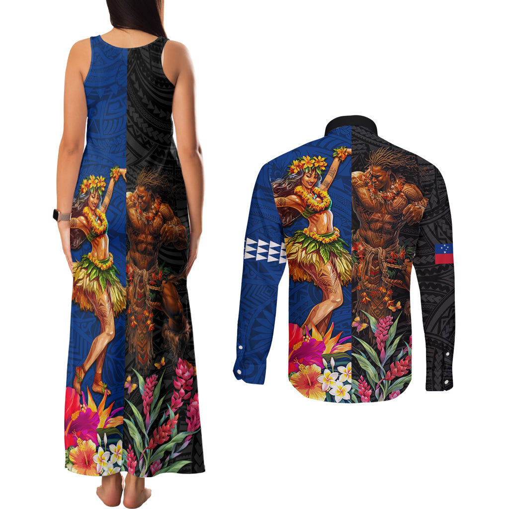 Hawaii and Samoa Together Couples Matching Tank Maxi Dress and Long Sleeve Button Shirt Samoan Warrior and Beauty Hula Girl LT03 - Polynesian Pride
