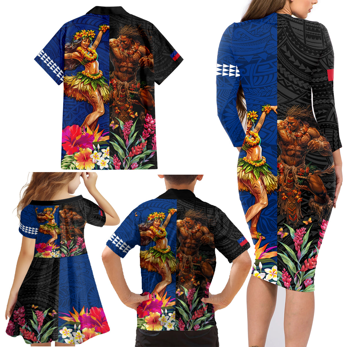 Hawaii and Samoa Together Family Matching Long Sleeve Bodycon Dress and Hawaiian Shirt Samoan Warrior and Beauty Hula Girl LT03 - Polynesian Pride